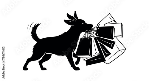 Silhouette of a dog carrying multiple shopping bags in its mouth on a transparent background also white background white background vector illustration