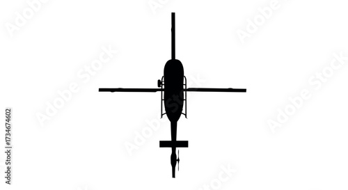 Top-down silhouette of a helicopter with rotors and tail rotor on a white background Keywords: helicopter, aircraft, rotorcraft, silhouette, black, white, transparent background also white background
