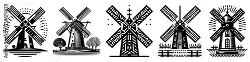 Windmill illustrations in black and white vintage style various designs.