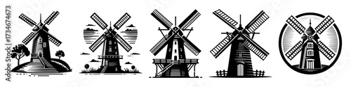 Windmill illustrations in black and white various designs and styles.