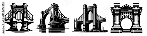 Architectural bridge designs in black and white artistic illustrations.