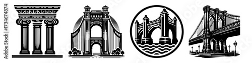 Architectural elements and bridges illustration in black and white.