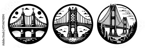 Three bridges in circles black and white illustration.
