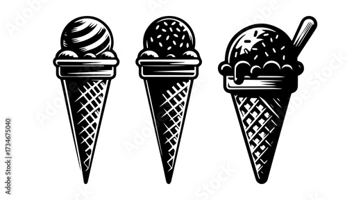 Delicious ice cream cones in a vintage style illustration.