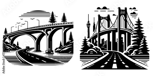 Bridge and Roadway Illustration: A Black and White Design.