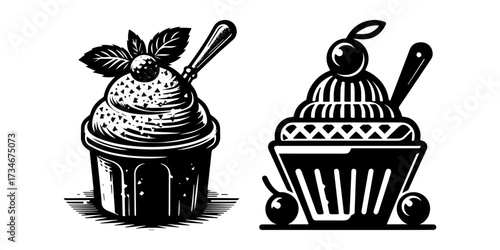 Cupcakes with toppings and spoon black and white illustration.
