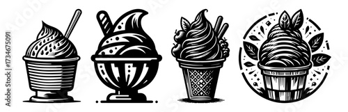Ice cream desserts in different cups and cones.