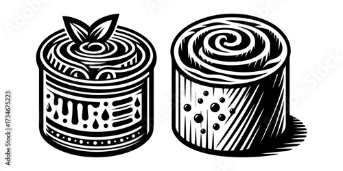 Artistic illustration of two cylindrical objects with intricate designs.