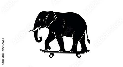 Transparent background also white background Black silhouette of an elephant riding a skateboard on a white background animal