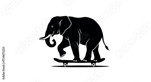 Transparent background also white background Black silhouette of an elephant riding a skateboard on a white background animal