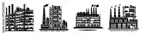 Industrial complex illustration with factories and chimneys.