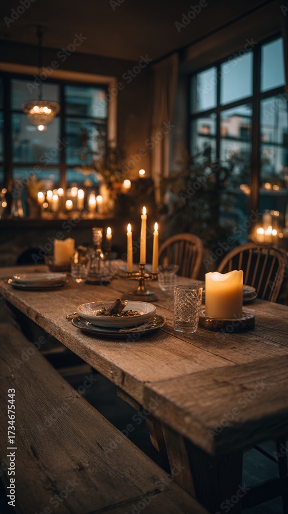 Fototapeta premium A beautifully arranged rustic dining table set with candles and plates, creating a warm and inviting atmosphere perfect for intimate gatherings or special occasions.
