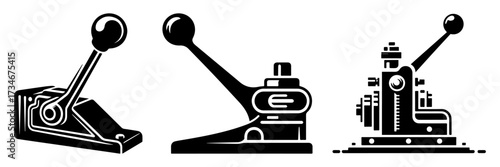 Mechanical levers and industrial tools in black and white.