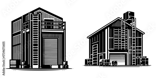 Warehouse Buildings Illustration Black and White Monochrome.