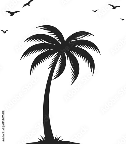 Silhouette tropical palm tree silhouette with flying birds silhouette serene beach scene artistic rendering flat design vector illustration white background