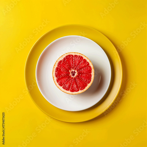 Halved Grapefruit on White Plate Over Yellow Dish Against Solid Yellow Background in Bold Symmetrical Composition

