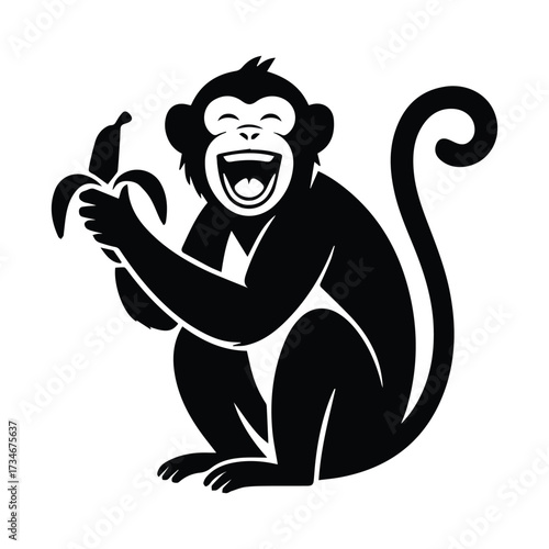 Joyful monkey with banana silhouette laughing merrily in silhouette style silhouette