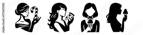 Women enjoying various foods in silhouette form.