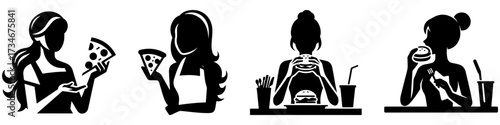 Silhouettes of women enjoying pizza and fast food.