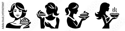 Women holding desserts in silhouette black and white food concept.