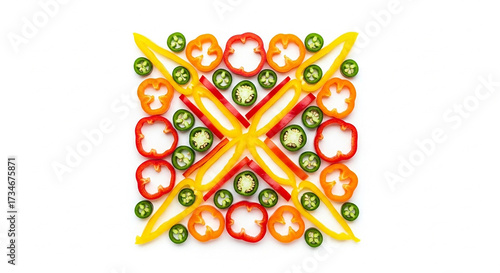Arrangement of sliced bell peppers and jalapeños in a square pattern on a white background top down view