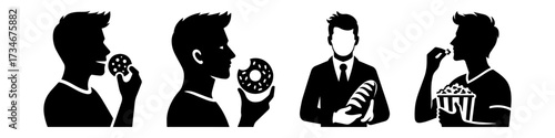 People eating food donuts bread and popcorn silhouette style.