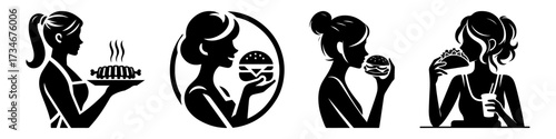 Woman Eating Burger Silhouette Illustration Fast Food.