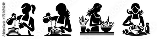 Woman Cooking in Kitchen Silhouettes Black and White.