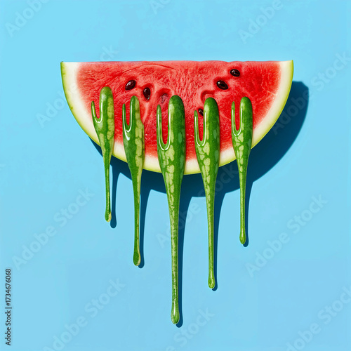 Surreal Watermelon Slice Dripping Glossy Green Liquid Against Light Blue Background in Minimalist Composition
