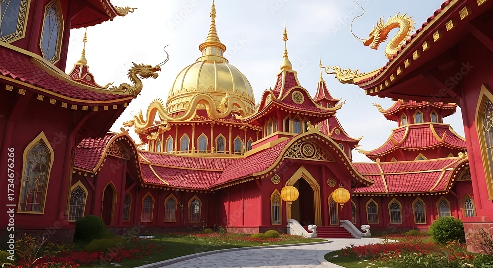 Naklejka premium A golden domed temple with red roofs stands in a garden