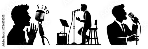 Silhouette of a singer performing with a microphone on stage.