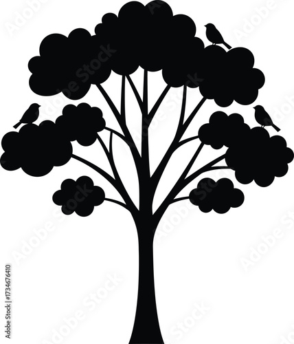 Silhouette of a majestic tree with birds perched among its branches flat design vector illustration white background