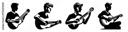 Silhouette of a musician playing guitar in different poses.