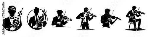 Silhouettes of musicians playing violins in various poses and styles.