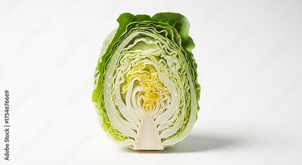 Obraz premium A cross section of a head of lettuce showing the layers of leaves on a white background in studio light