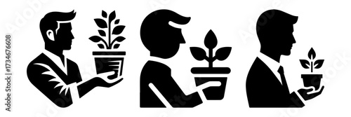 Man holding plant pot growth and development concept.