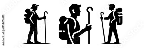 Hiking silhouettes with backpacks and walking sticks on a trail.