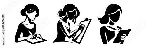 Women writing on paper focused on the main subject black and white.