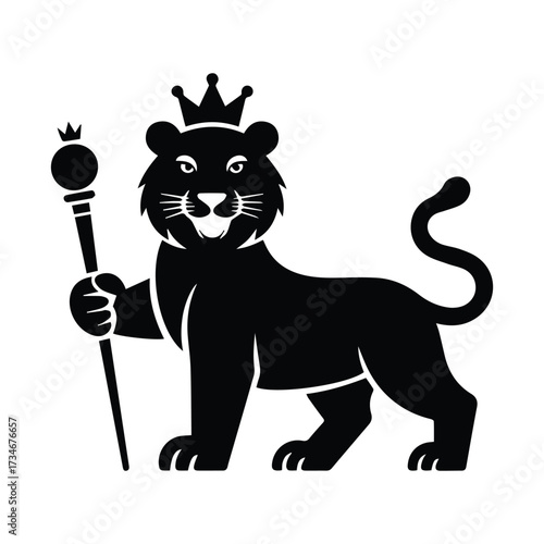 Majestic lion king crowned regal scepter symbol royalty power strength fierce animal silhouette silhouette