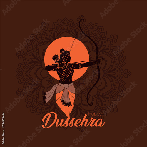 Stylized silhouette of Lord Rama aiming his bow and arrow against an orange sun/halo, with a prominent mandala pattern on a dark brown background. Happy Dussehra greeting.
