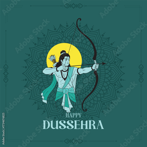 Powerful illustration of Lord Rama drawing his bow and arrow on a rich teal background with a subtle mandala pattern. Greeting text: Happy Dussehra.