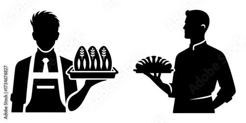 Bakery workers holding bread and pastries silhouette style.