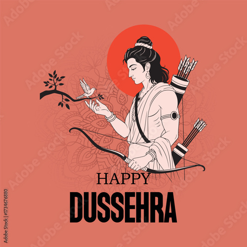 Elegant vector illustration of Lord Rama holding his bow and quiver, gently interacting with a Jay pakshi (Indian roller) perched on a branch. Happy Dussehra greeting.