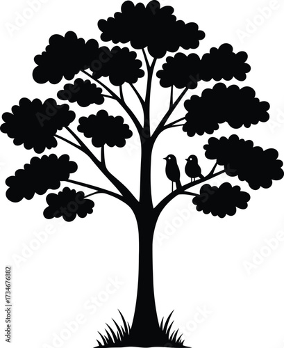 Silhouette of a large deciduous tree with two birds perched on a branch under its lush canopy flat design vector illustration white background