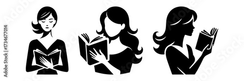 Woman Reading Book Silhouette Collection Black and White.