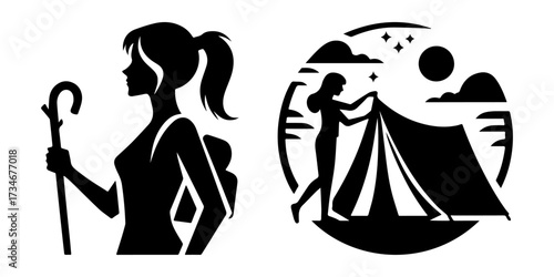 Woman hiking with a backpack and setting up a tent outdoors.