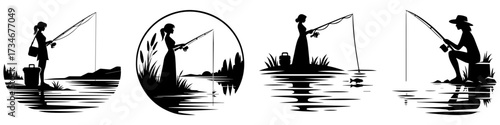 Silhouette of people fishing in different settings black and white.