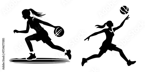 Basketball player silhouette in action dynamic poses black and white.