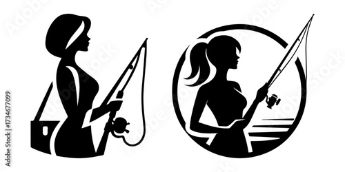 Silhouette of a woman fishing with a fishing rod.