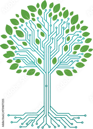 Eco tech tree symbol nature technology fusion green leaves circuit board roots innovation concept flat design vector illustration white background